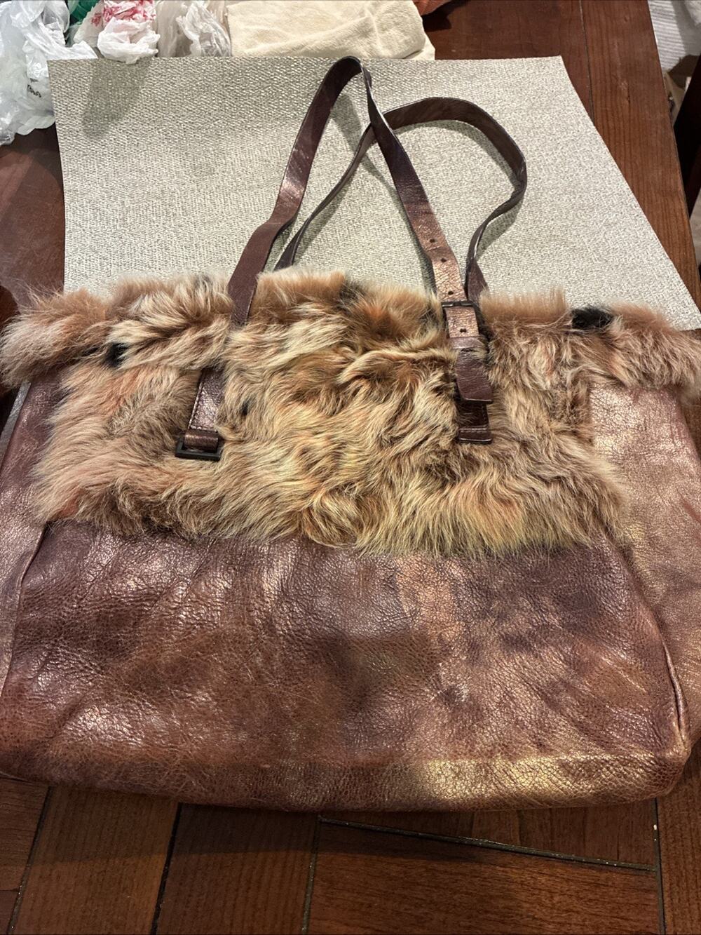 Falor Le Borse Brown & Metallic Leather Faux Fur Shoulder Bag Italy Mob Wives